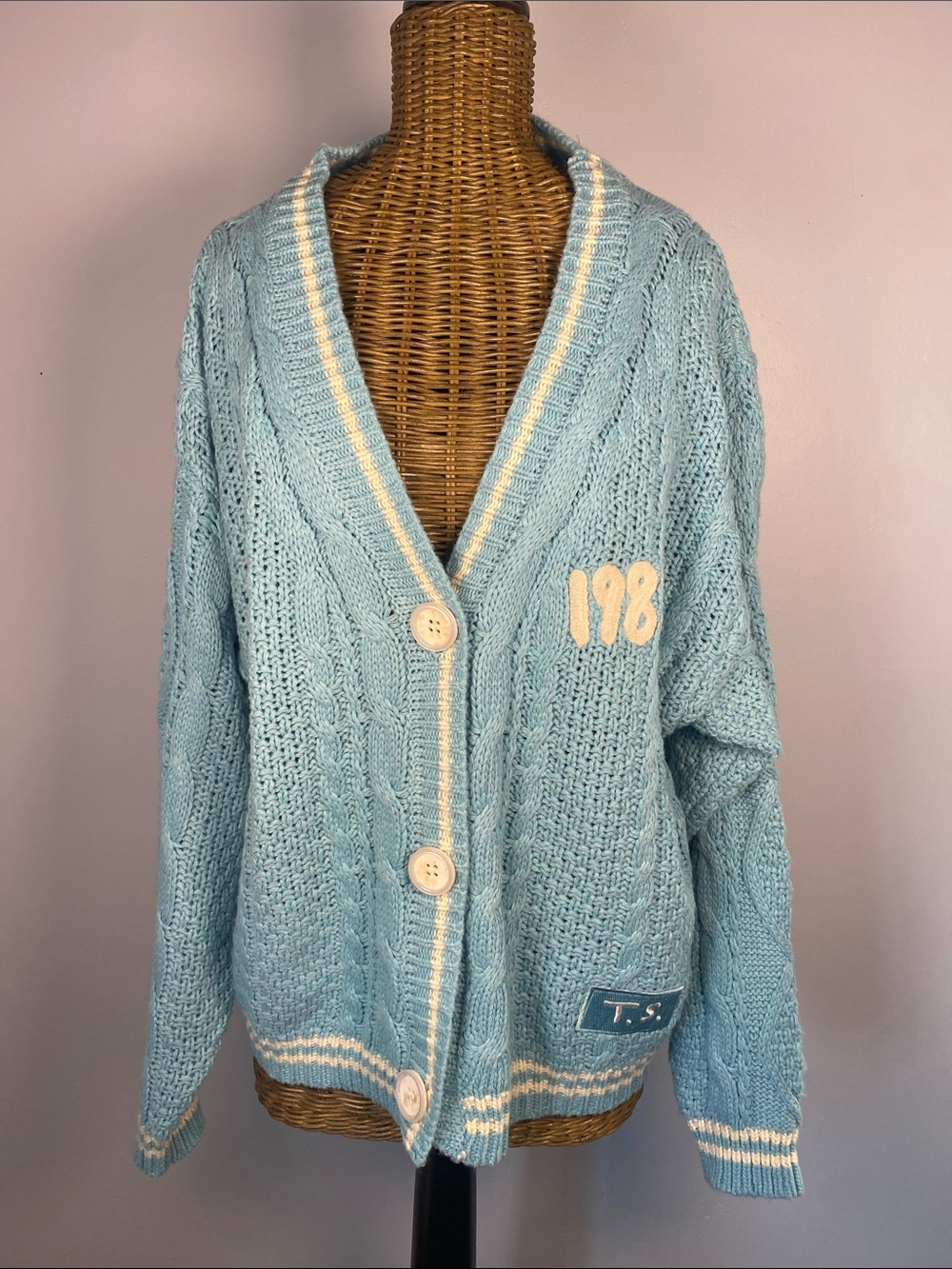 Taylor Swift Light Blue Cable Knit Cardigan with Cream Trim